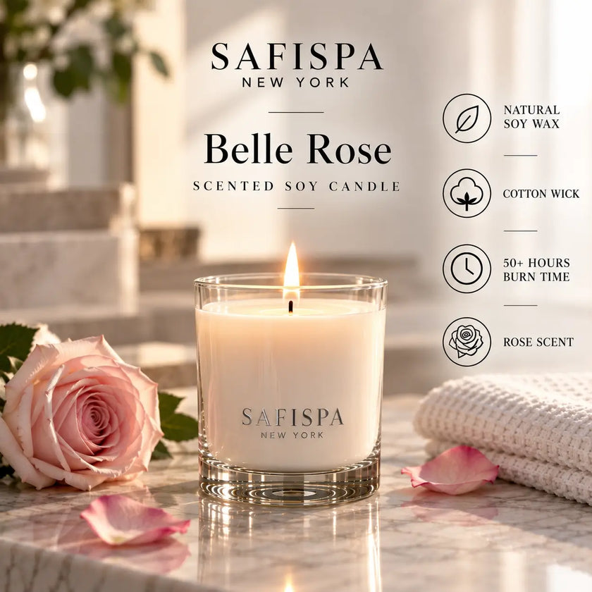 SaFiSpa Belle Rose rose scented soy candle made with natural soy wax and a cotton wick with 50+ hours of burn time.