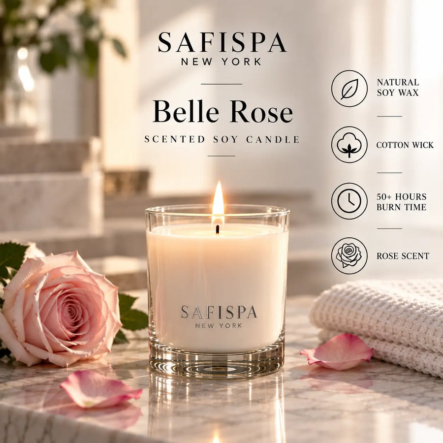 SaFiSpa Belle Rose rose scented soy candle made with natural soy wax and a cotton wick with 50+ hours of burn time.