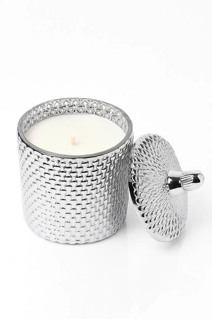 SaFiSpa Amber Spice Candle in a luxury silver jar with lid — handcrafted soy wax candle, perfect luxury gift.