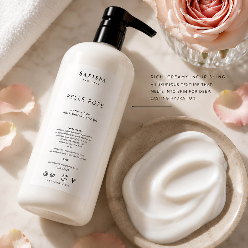 Rich cream texture of SaFiSpa Belle Rose Hand & Body Moisturizing Lotion displayed beside the luxury lotion bottle on a marble surface with fresh rose petals. Handcrafted in New York with shea butter, aloe vera, jojoba oil, coconut oil and vitamin E to deeply moisturize and soften dry skin.