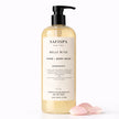 SaFiSpa Belle Rose hand and body wash luxury rose scented body cleanser with botanical rose petals in spa bathroom setting clean beauty skincare product