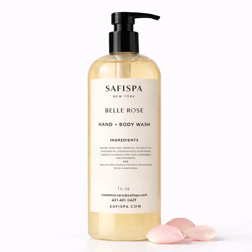 SaFiSpa Belle Rose hand and body wash luxury rose scented body cleanser with botanical rose petals in spa bathroom setting clean beauty skincare product