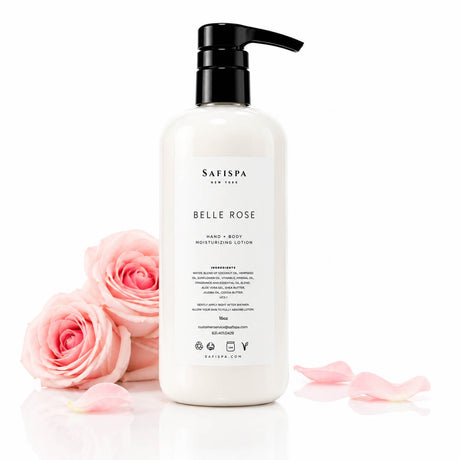 SaFiSpa Belle Rose Hand & Body Moisturizing Lotion 16 oz in a luxury white bottle with black pump, handcrafted in New York, enriched with shea butter, aloe vera, jojoba oil, coconut oil and vitamin E for deep hydration and beautifully soft skin.