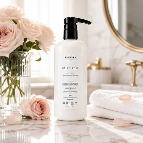 SaFiSpa Belle Rose Hand & Body Moisturizing Lotion displayed on a luxury marble bathroom vanity with fresh blush roses, soft natural light and spa-inspired décor. This handcrafted New York body lotion is enriched with shea butter, aloe vera, jojoba oil, coconut oil and vitamin E to deeply hydrate and soften skin.