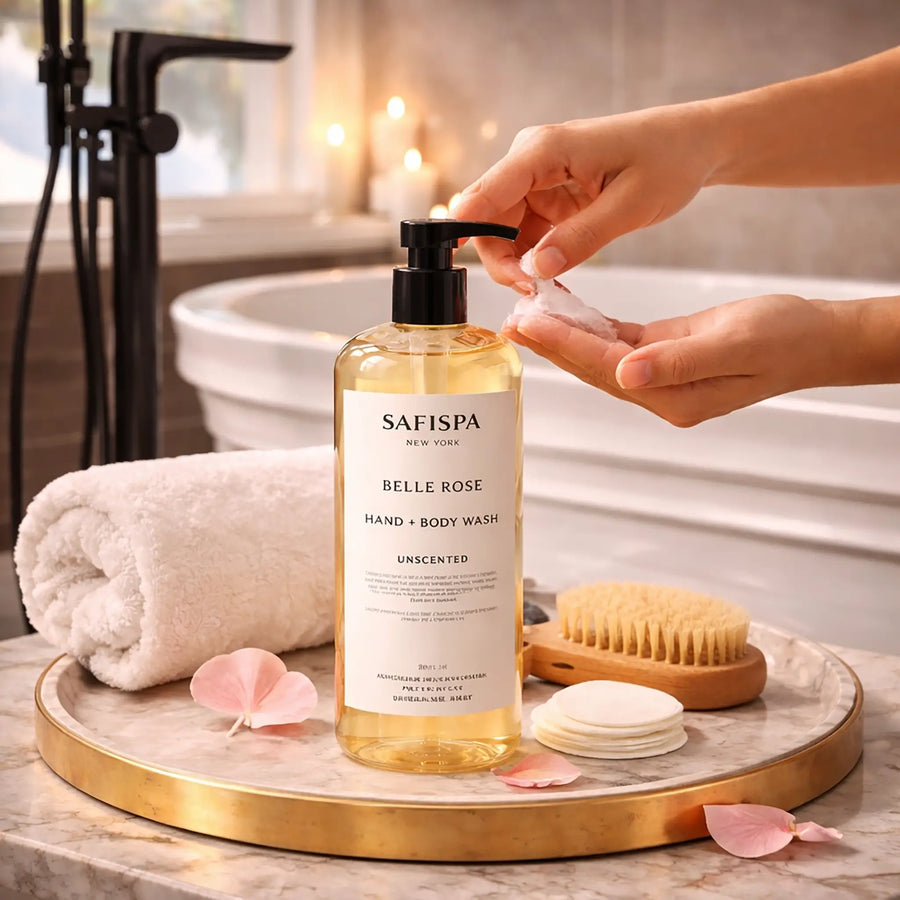 Hand pressing pump of SaFiSpa Belle Rose luxury hand and body wash during spa skincare ritual