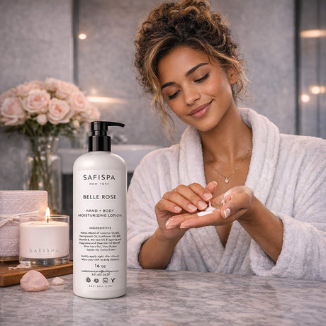 woman applying SAFISPA Belle Rose moisturizing lotion for soft hydrated glowing skin