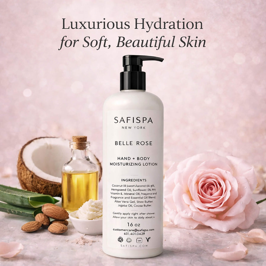 SAFISPA Belle Rose luxury body lotion with rose coconut and almond ingredients for deep hydration and soft skin