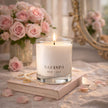 Belle Rose luxury candle by SaFiSpa New York creating romantic floral home fragrance ambiance in elegant interior.