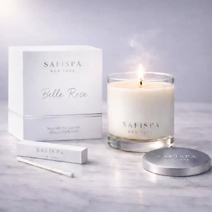 Belle Rose luxury scented soy candle by Safispa New York in clear glass jar with silver box, premium floral home fragrance candle for gifting and decor
