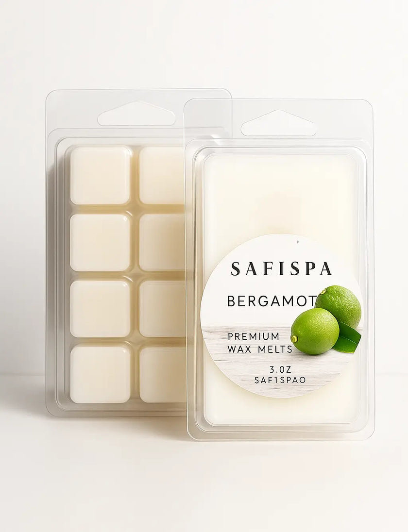 Pack of SAFISPA Bergamot wax melts with a lime graphic on a white background