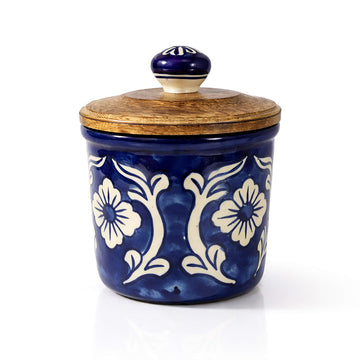 Handcrafted luxury blue ceramic candle vessel with floral artisan design from SaFiSpa bespoke candle collection for premium home decor