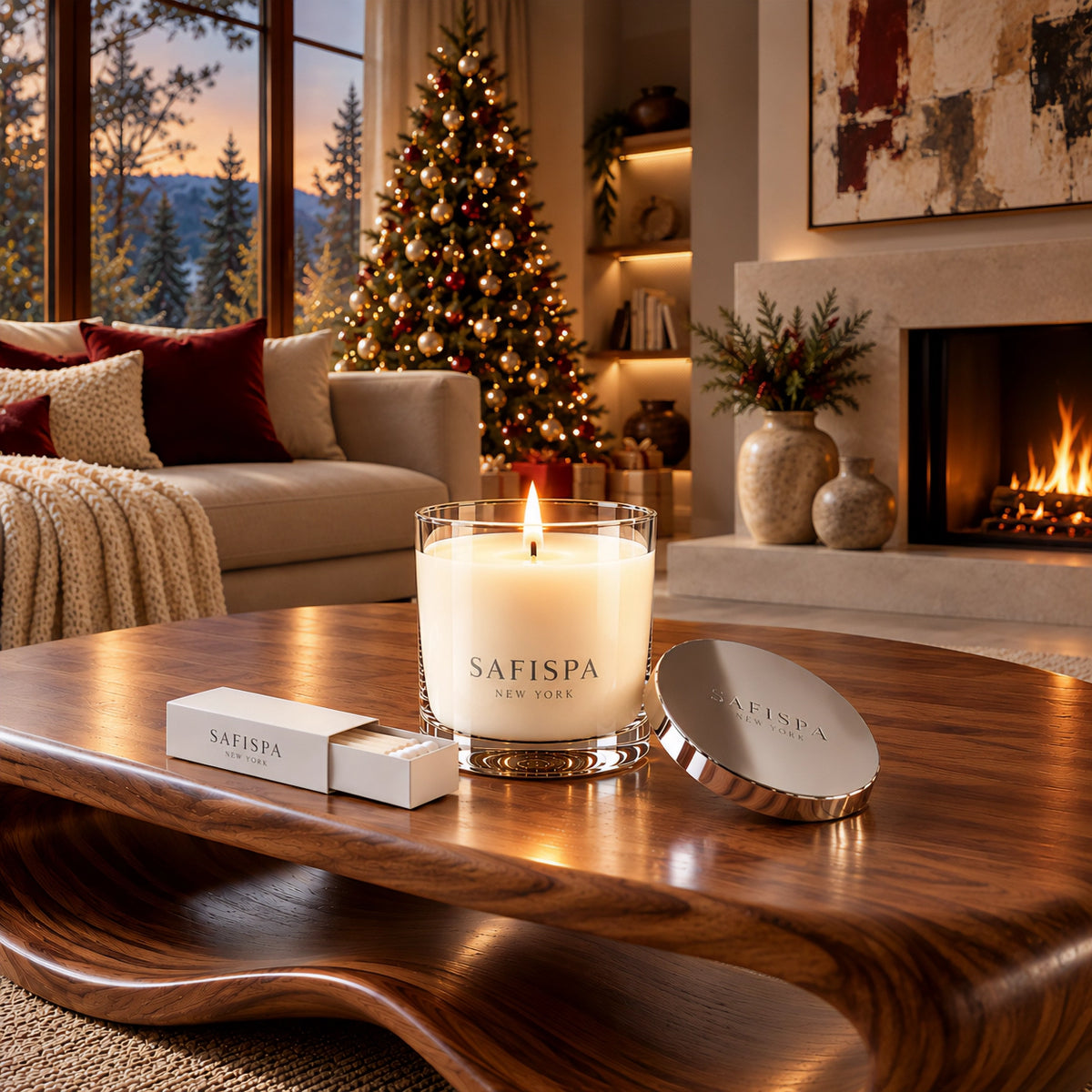Lit SaFiSpa Christmas luxury scented candle with silver lid and matchbox in an elegant modern holiday living room.