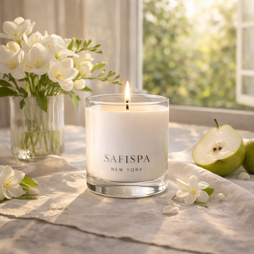 Luxury Freesia and Pear candle by SaFiSpa New York creating fresh floral aromatherapy ambiance in an elegant home interior.