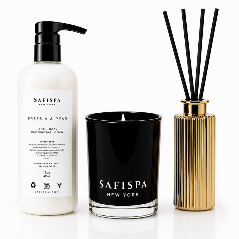 SaFiSpa Freesia & Pear Luxury Home Spa Gift Set featuring a handcrafted soy candle, moisturizing hand and body lotion, and premium reed diffuser on a white background.