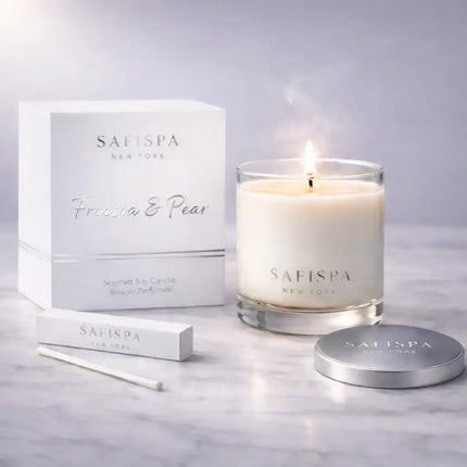 Luxury Freesia & Pear soy candle by Safispa New York in clear glass jar with silver embossed box, premium clean burning scented candle for home fragrance and gifting