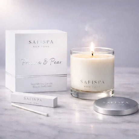 Luxury Freesia & Pear soy candle by Safispa New York in clear glass jar with silver embossed box, premium clean burning scented candle for home fragrance and gifting