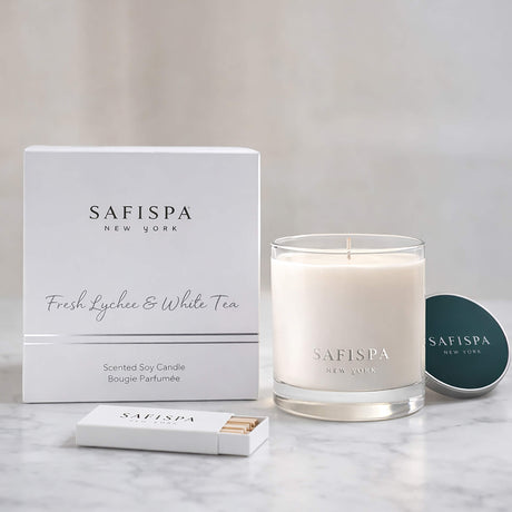 SaFiSpa Fresh Lychee scented candle with luxury white box packaging, premium glass jar candle and silver lid.