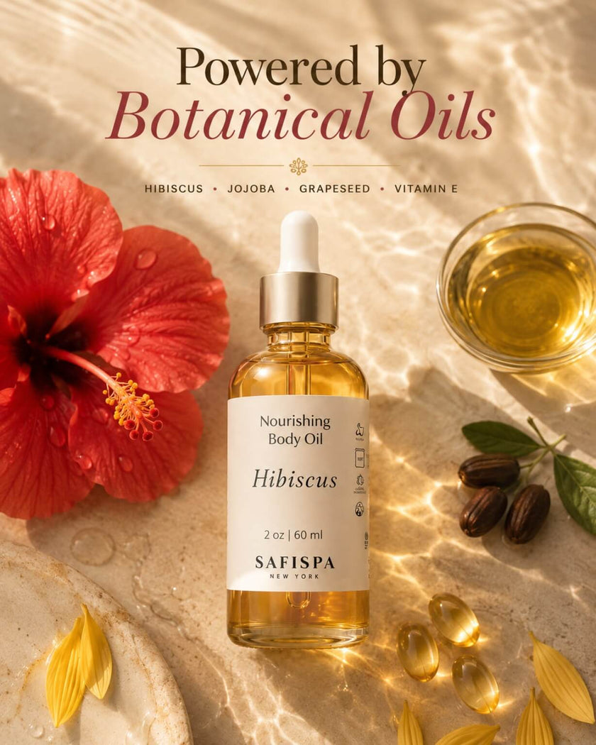 Luxury botanical body oil flat lay featuring SaFiSpa Hibiscus Body Oil with hibiscus flower, jojoba oil, grapeseed oil, sunflower petals, and vitamin E for soft radiant-looking skin and lightweight hydration.