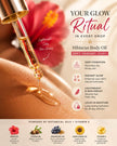Hibiscus body oil being applied to skin with product details and benefits.