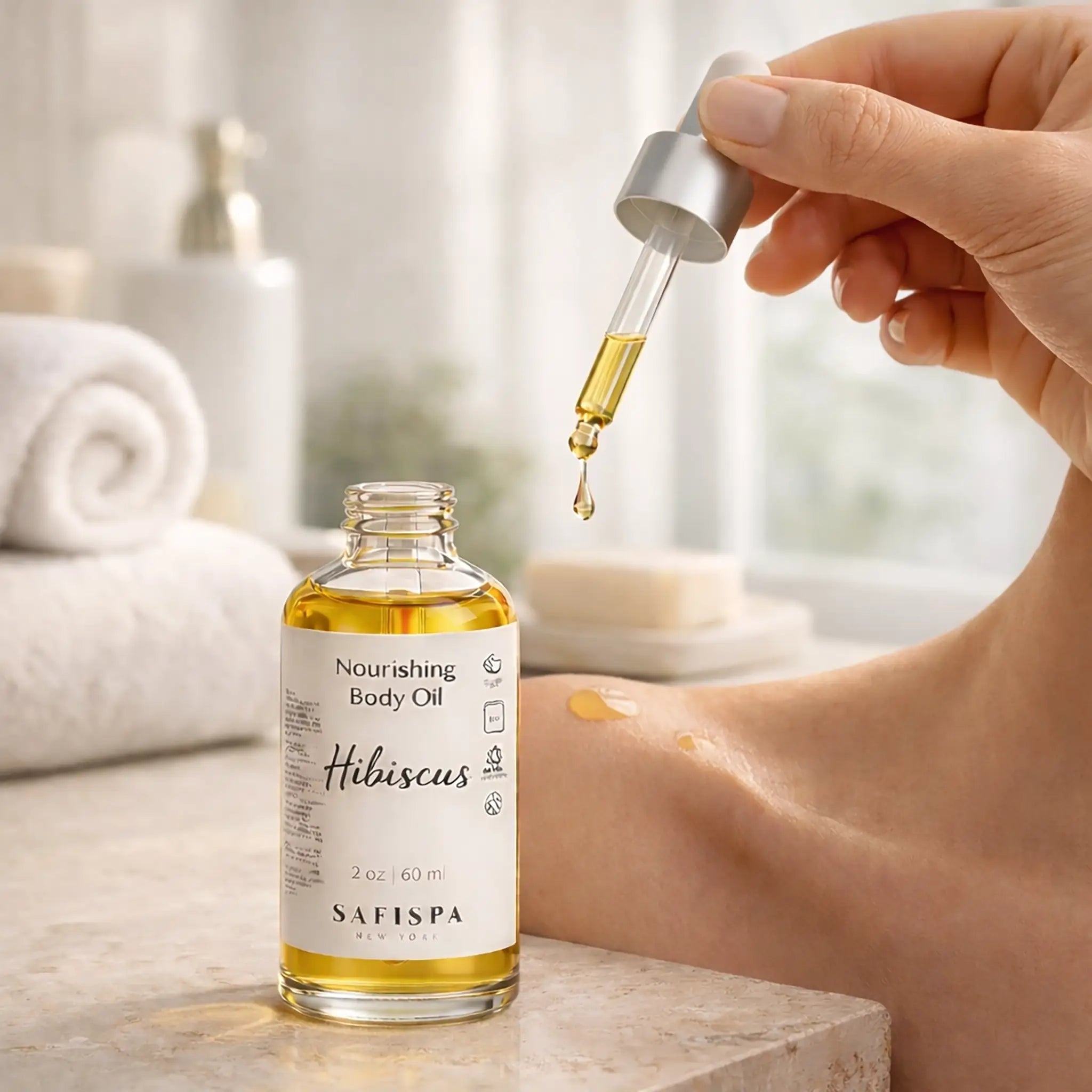 SaFiSpa Hibiscus Nourishing Body Oil applied to collarbone in spa bathroom ritual with glass dropper and glowing skin
