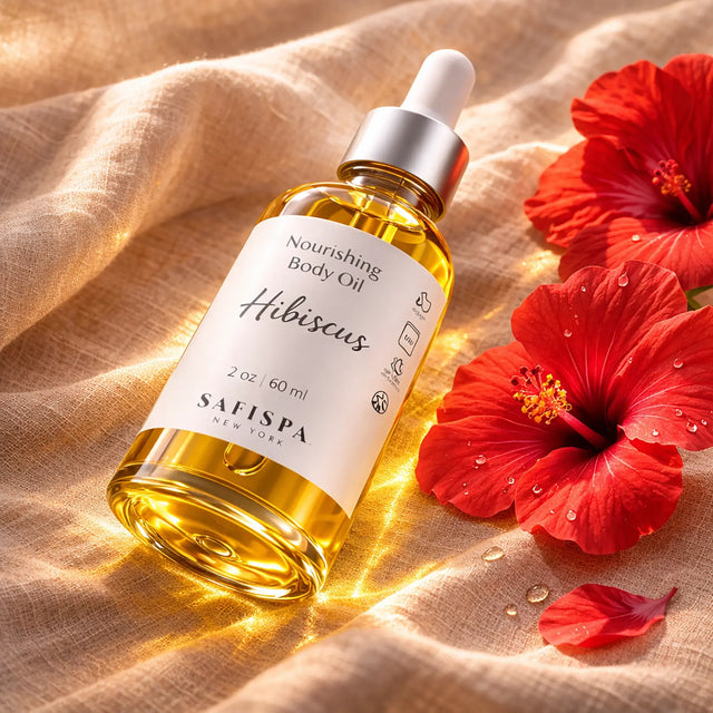SaFiSpa Hibiscus Body Oil luxury spa lifestyle scene on marble vanity with warm natural light and premium skincare aesthetic
