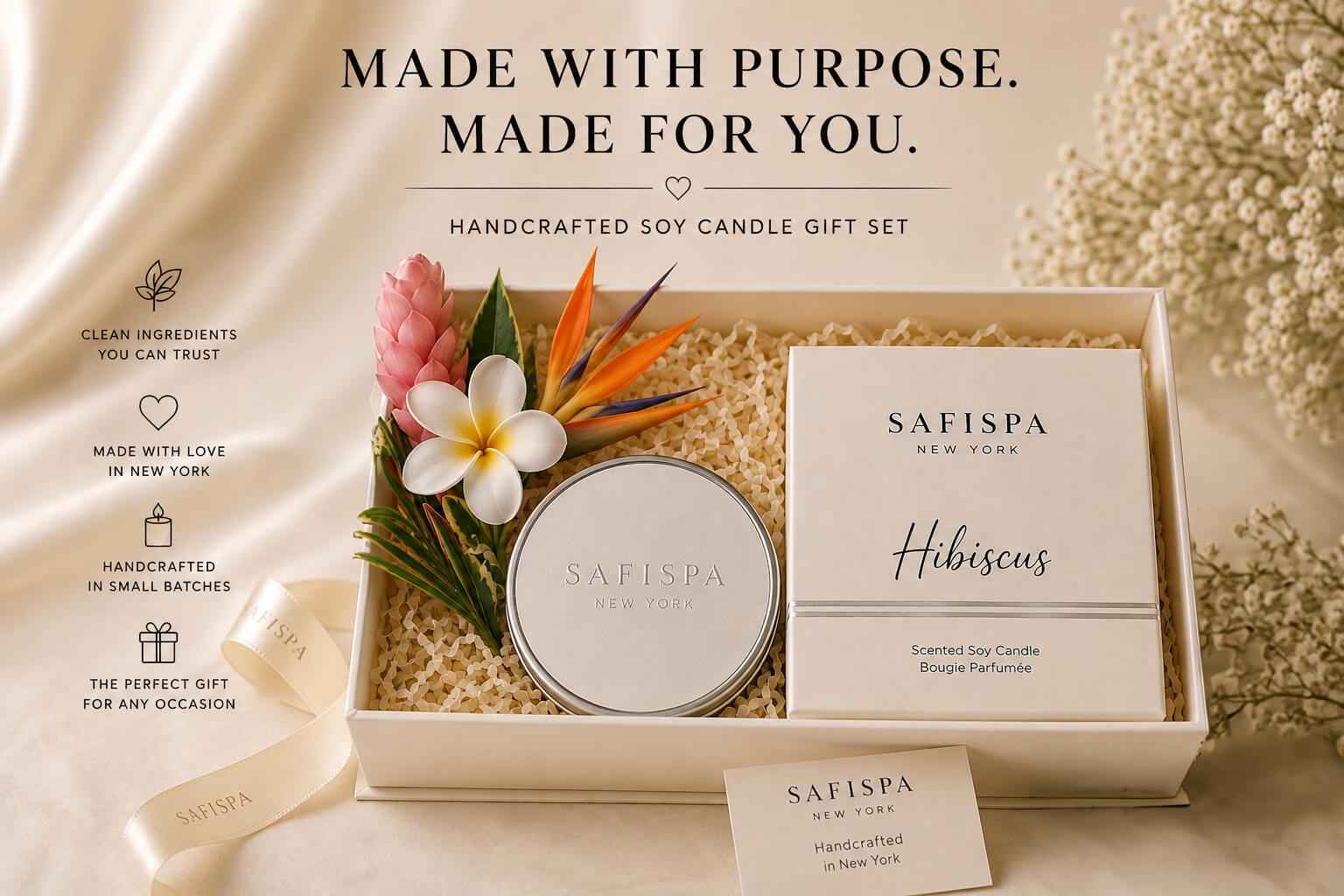 Luxury SaFiSpa New York Hibiscus scented soy candle gift set featuring premium white packaging, silver candle lid, tropical floral arrangement, handcrafted wellness presentation, and elegant home fragrance styling for luxury gifting and spa-inspired décor