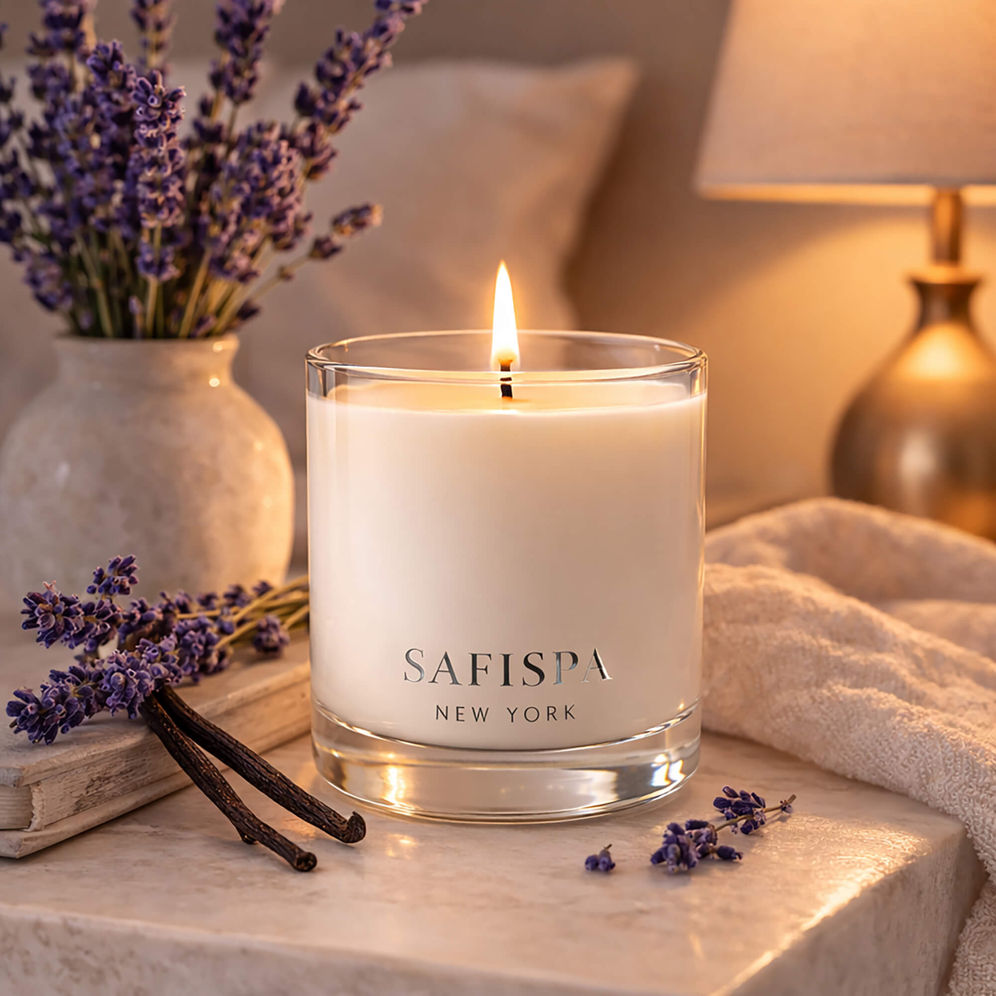 SaFiSpa Vanilla Essence candle glowing in luxury living room creating warm relaxing vanilla home fragrance.