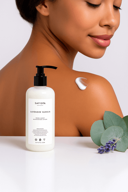 Luxury SAFISPA Lavender Vanilla Hand and Body Moisturizing Lotion bottle placed in a spa-inspired setting beside a woman’s shoulder with applied lotion, accented by fresh eucalyptus leaves and lavender sprigs.