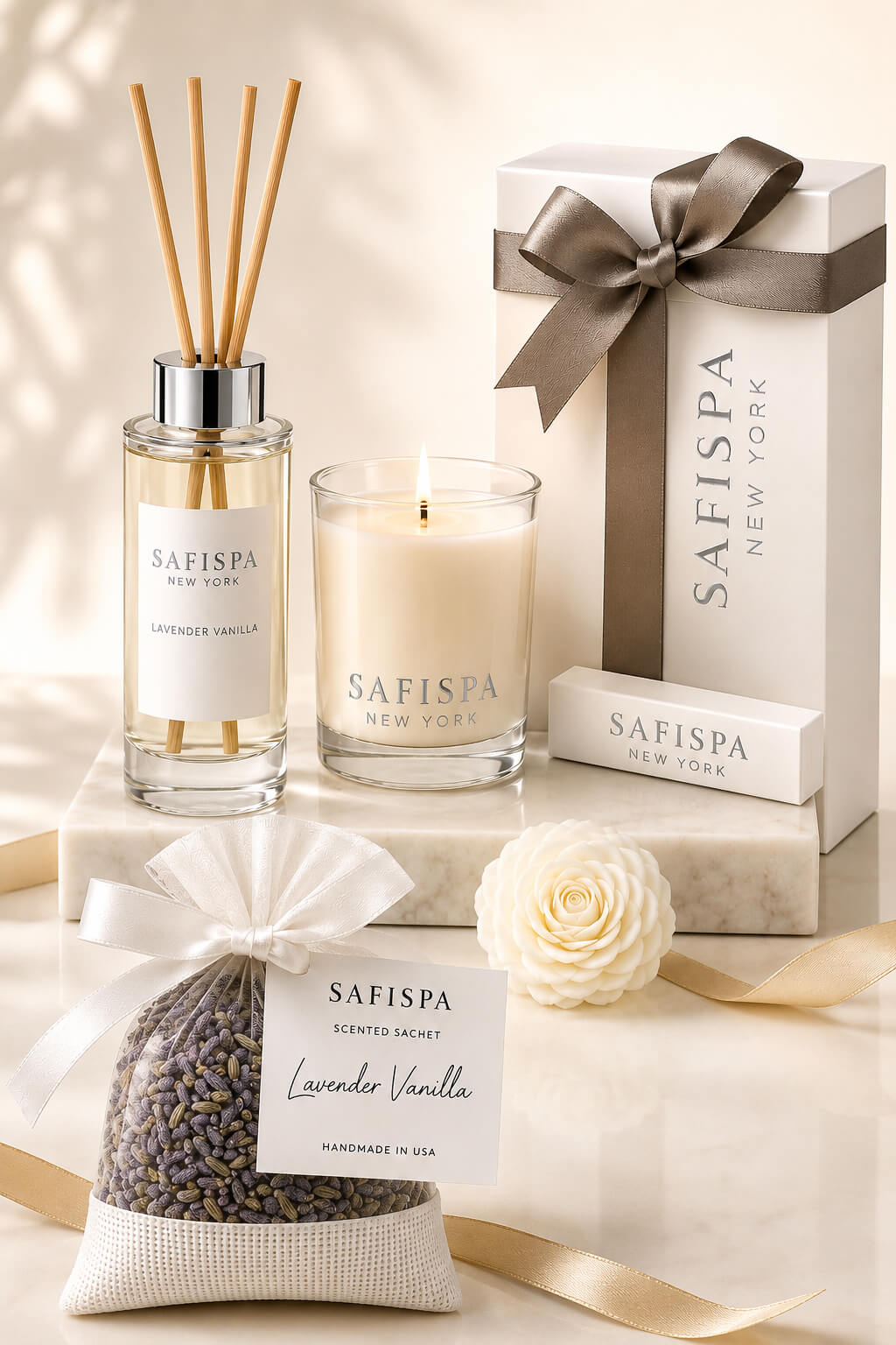 SaFiSpa Lavender Vanilla luxury home fragrance gift set featuring a handcrafted soy candle, premium reed diffuser, aromatic lavender sachet, and elegant gift box for relaxation and thoughtful giftin