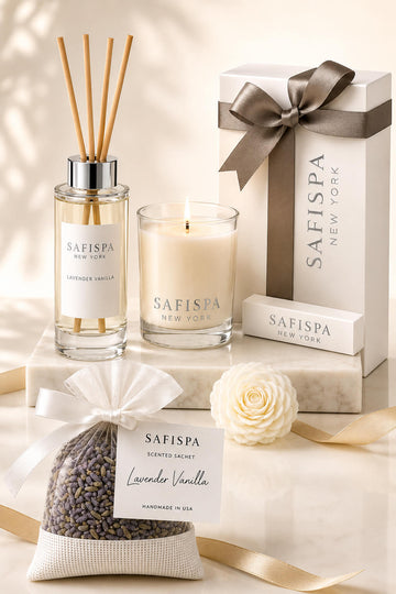 SaFiSpa Lavender Vanilla luxury home fragrance gift set featuring a handcrafted soy candle, premium reed diffuser, aromatic lavender sachet, and elegant gift box for relaxation and thoughtful giftin