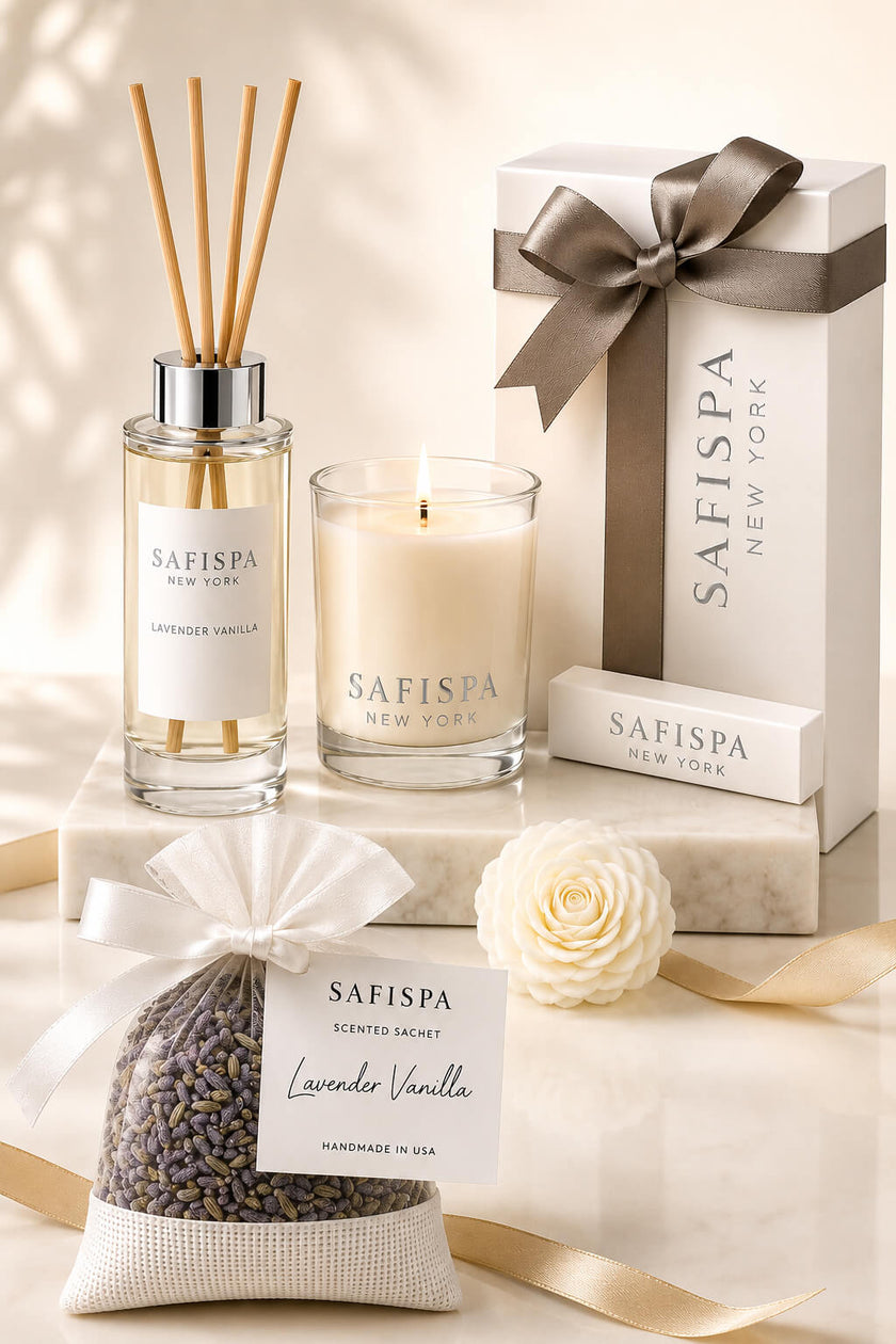 SaFiSpa Lavender Vanilla luxury home fragrance gift set featuring a handcrafted soy candle, premium reed diffuser, aromatic lavender sachet, and elegant gift box for relaxation and thoughtful giftin