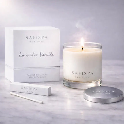 Lavender Vanilla luxury soy candle by Safispa New York with silver embossed packaging, clean burning premium scented candle for relaxation and elegant home decor