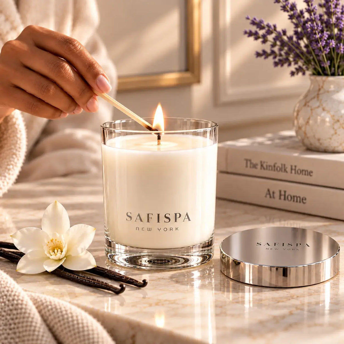 SaFiSpa Lavender Vanilla scented candle being lit in a warm luxury home setting with lavender and vanilla