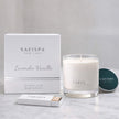 Luxury Lavender Vanilla scented soy candle by SaFiSpa New York with calming aromatherapy fragrance in elegant glass jar.