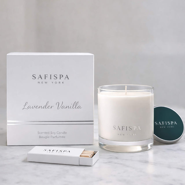 Luxury Lavender Vanilla scented soy candle by SaFiSpa New York with calming aromatherapy fragrance in elegant glass jar.