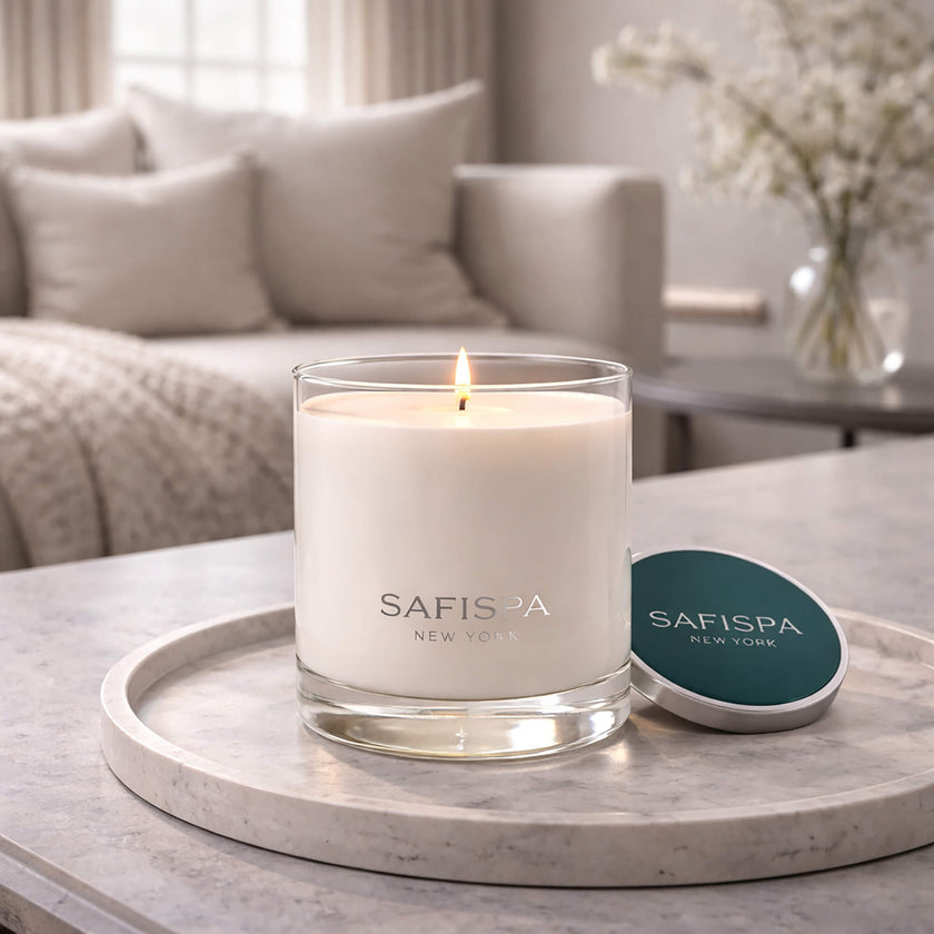 SaFiSpa Linden Blossom aromatherapy candle glowing on luxury living room table creating a relaxing floral home fragrance atmosphere.