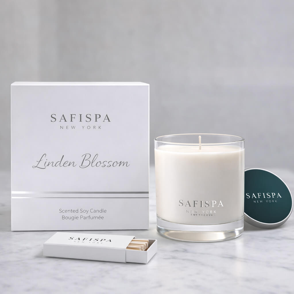 SaFiSpa New York Linden Blossom scented soy candle with luxury white box packaging, glass jar candle, silver lid and matchbox.