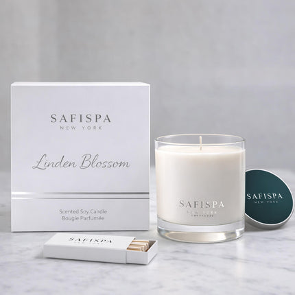 SaFiSpa New York Linden Blossom scented soy candle with luxury white box packaging, glass jar candle, silver lid and matchbox.