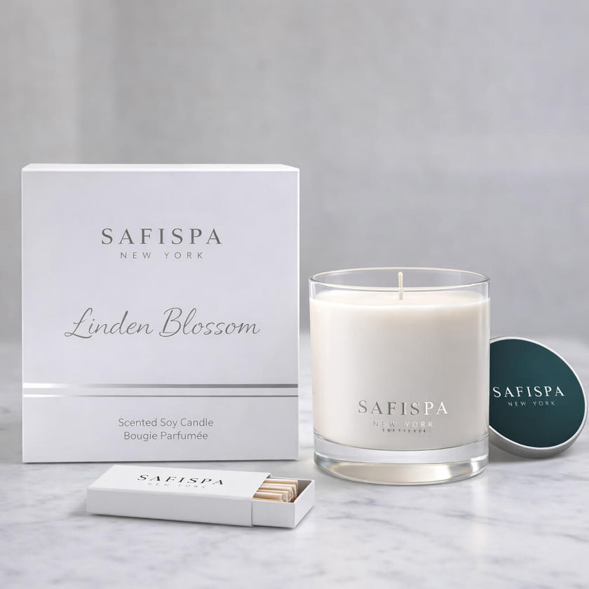SaFiSpa New York Linden Blossom scented soy candle with luxury white box packaging, glass jar candle, silver lid and matchbox.