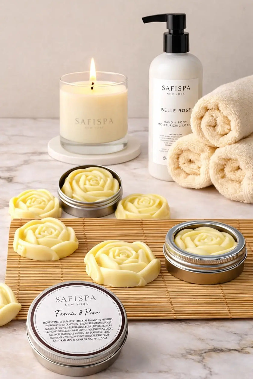 SaFiSpa solid lotion bars with candle and body lotion displayed in a luxury bathroom setting