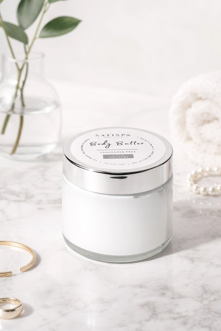 SAFISPA New York luxury body butter in a glass jar with silver lid on a marble surface