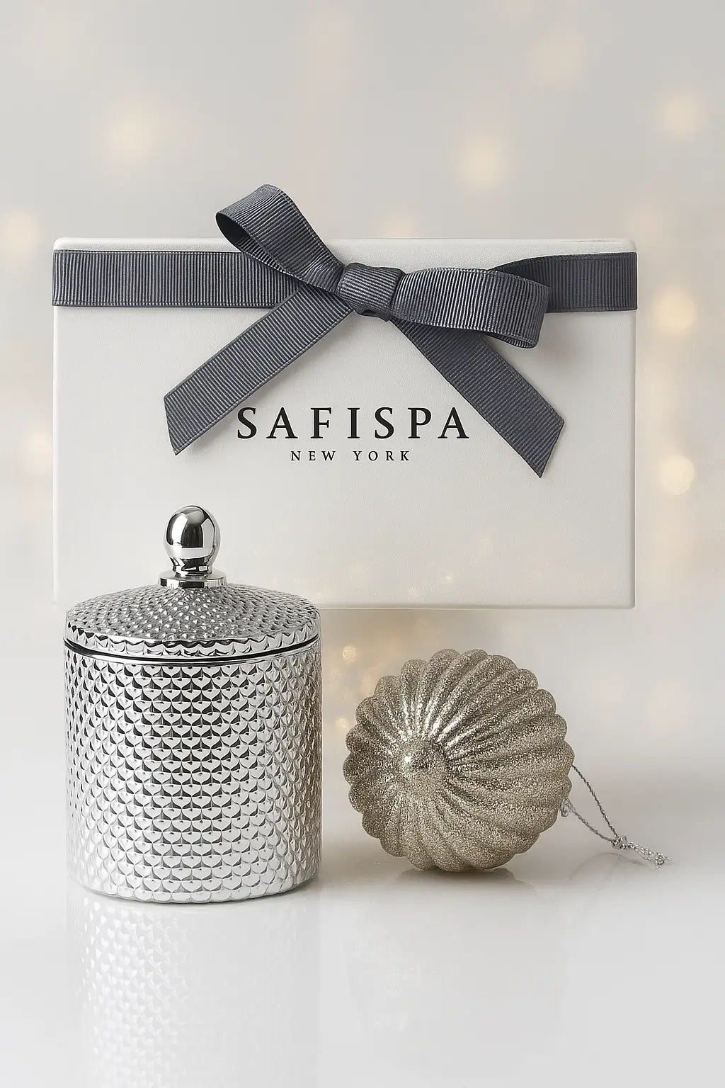 Amber Spice candle gift set with silver textured jar and ribboned gift box — premium handcrafted soy candle for holidays and special occasion