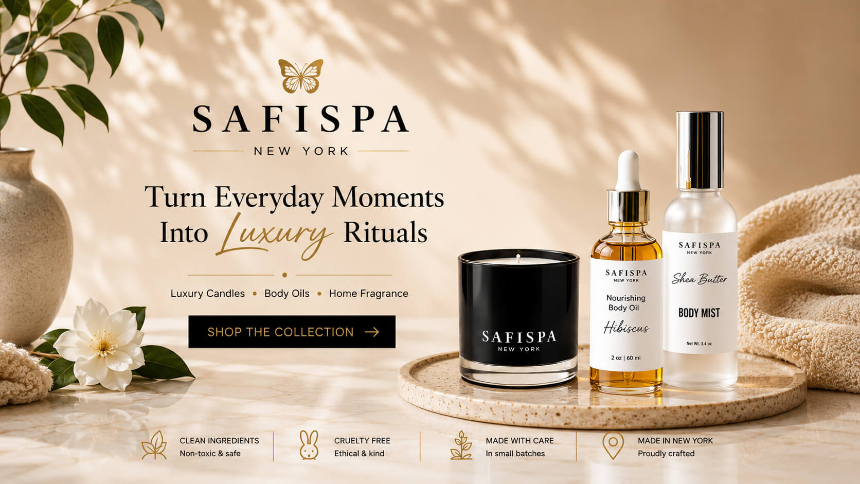 SaFiSpa New York luxury candle, hibiscus body oil and body mist displayed in a premium wellness and home fragrance lifestyle scene inspired by modern luxury rituals.