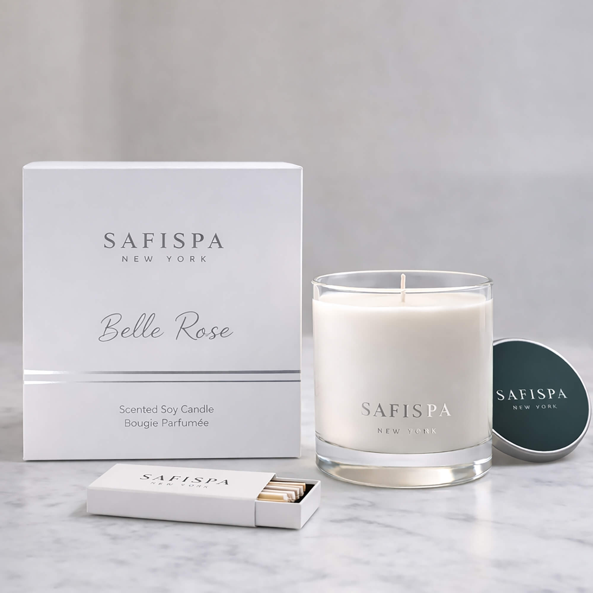 SaFiSpa Belle Rose scented candle with luxury white box packaging, glass jar candle, silver lid and premium matchbox.