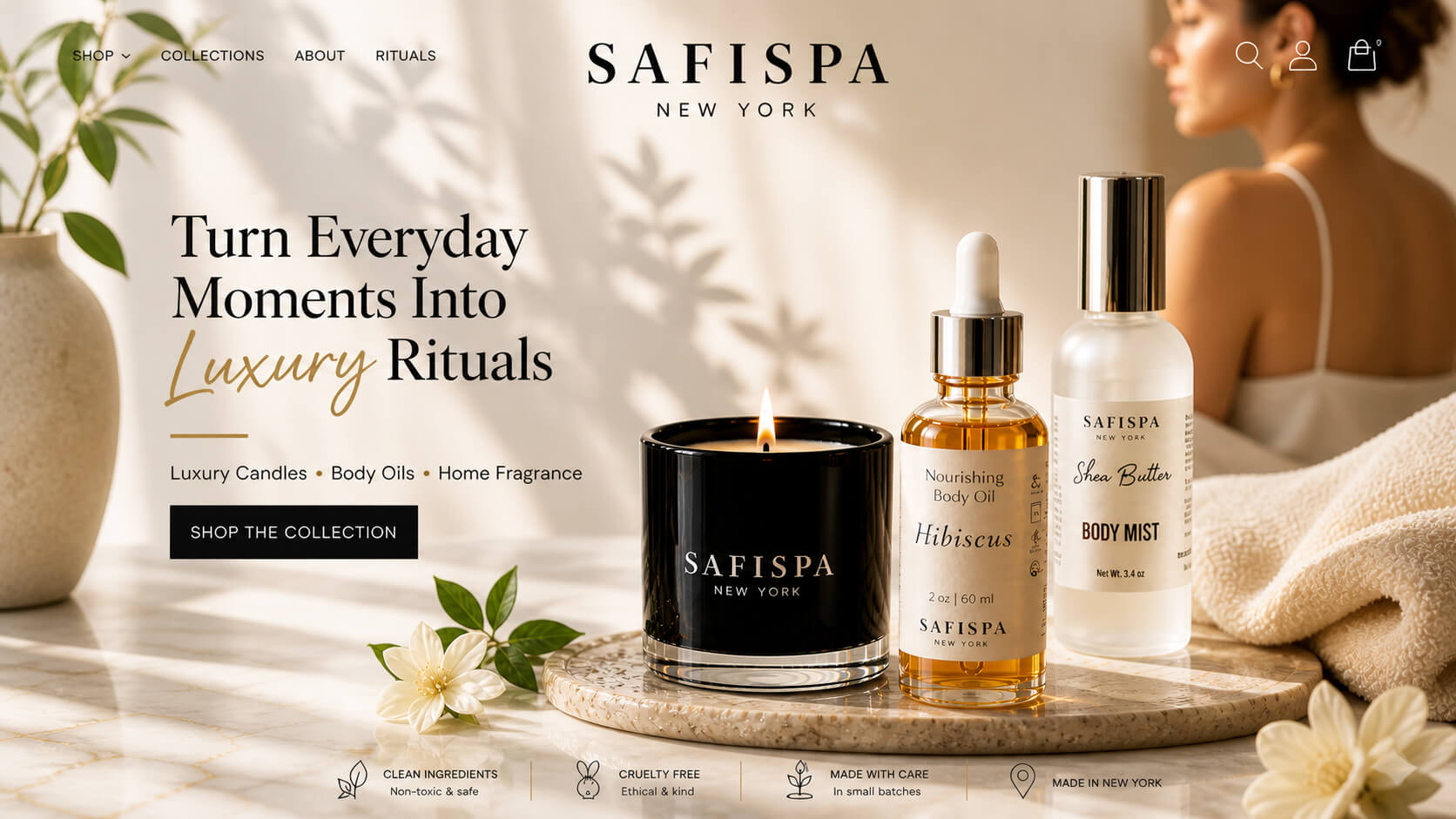 Luxury soy candle, hibiscus body oil and body mist in a bright spa-inspired home setting by SaFiSpa New York