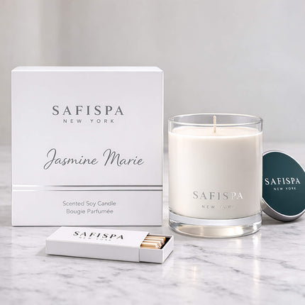 SaFiSpa Jasmine Marie scented soy candle with luxury box packaging, glass jar candle and silver lid.