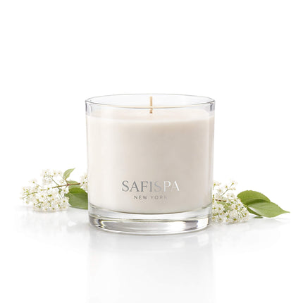 Luxury Linden Blossom scented soy candle by SaFiSpa New York in elegant glass jar with white wax, premium aromatherapy home fragrance.