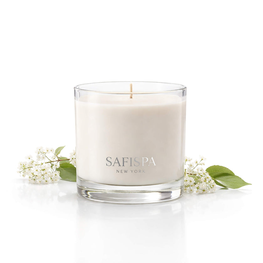 Luxury Linden Blossom scented soy candle by SaFiSpa New York in elegant glass jar with white wax, premium aromatherapy home fragrance.