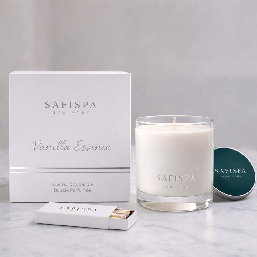SaFiSpa Vanilla Essence luxury soy candle with white box packaging, premium glass jar candle and silver lid.