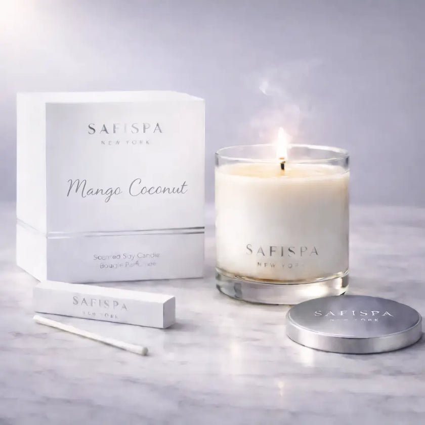 Mango Coconut luxury aromatherapy soy candle by Safispa New York with metallic silver packaging, tropical premium scented candle for home fragrance and gifting